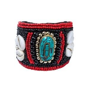 Handmade Beaded Cuff Bracelet Red & Black Seed Beads, Cowrie Shells, Turquoise